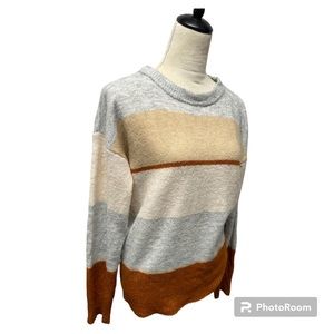 Hem & Thread Grey and Orange Oversized Crew Neck Sweater
